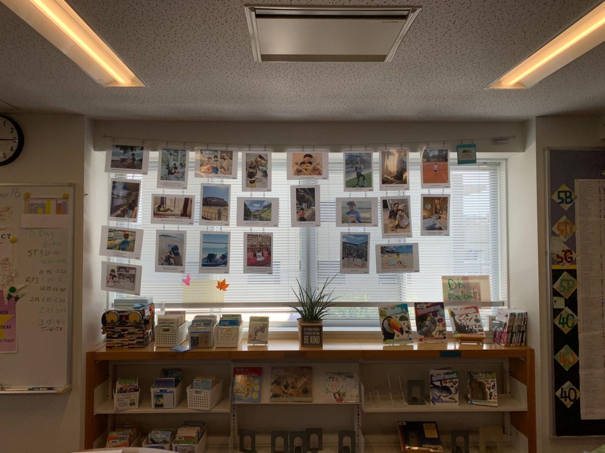 A display of pictures hanging from the window