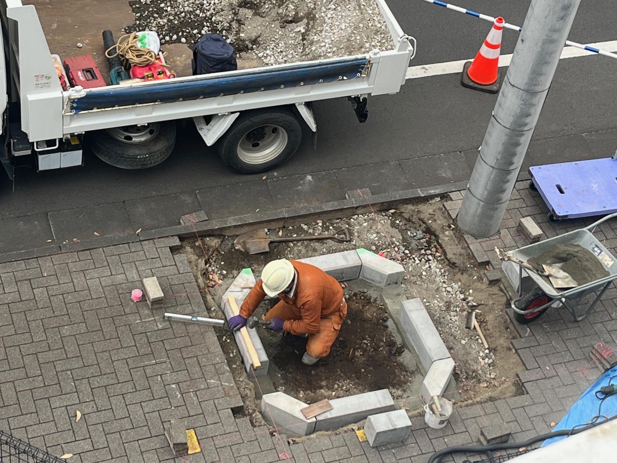 Workers preparing the new tree location in front of school.